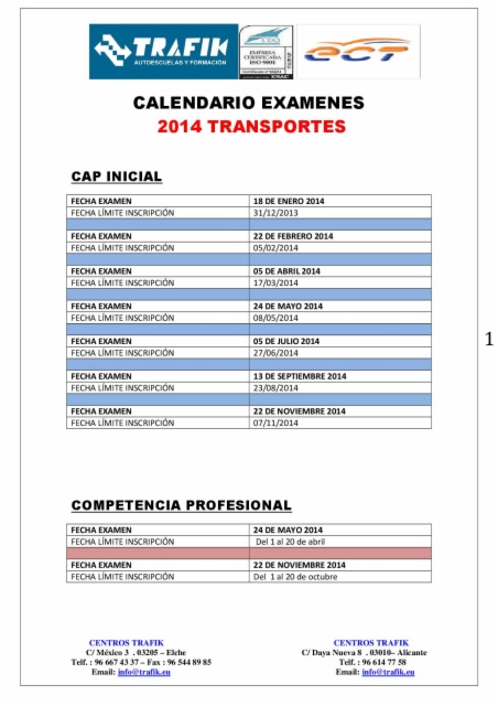 CALENDARIO DE EXAMENES CAP Y COMPETENCIA PROFESIONAL 2014