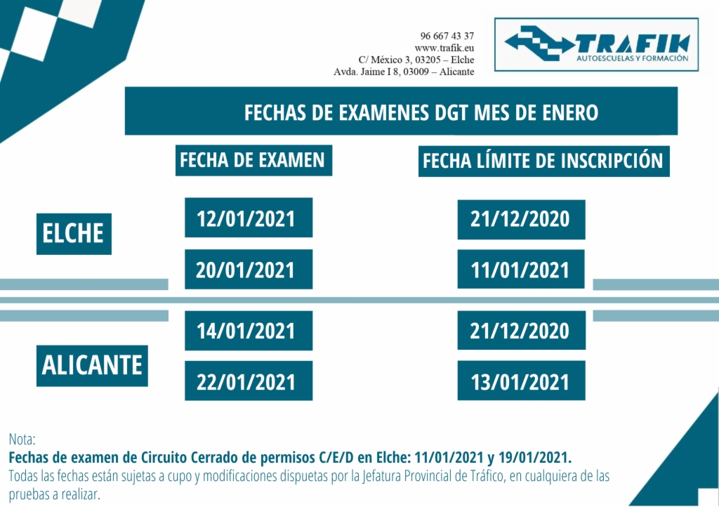 CALENDARIO DE EXÁMENES DGT MES DE ENERO