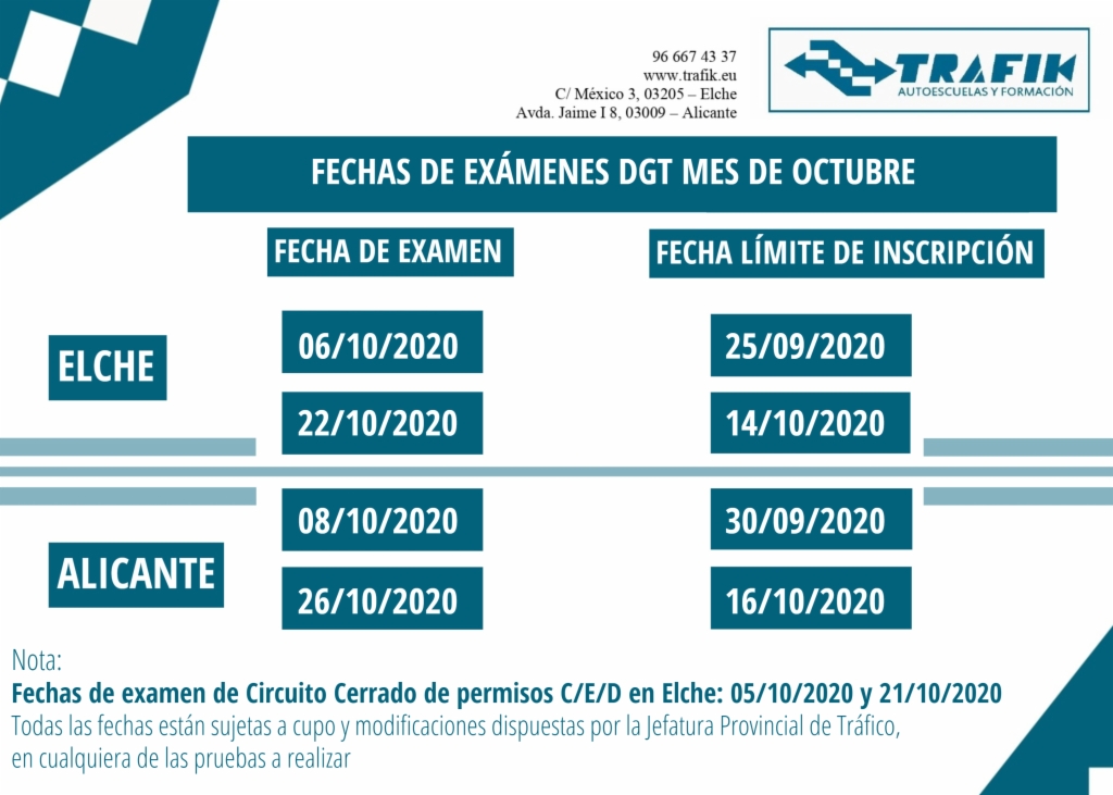 CALENDARIO DE EXÁMENES DGT MES DE OCTUBRE