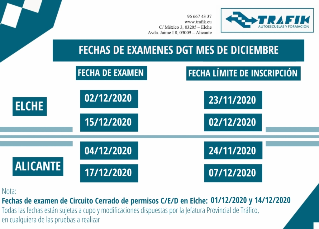 CALENDARIO DE EXÁMENES DGT MES DE DICIEMBRE