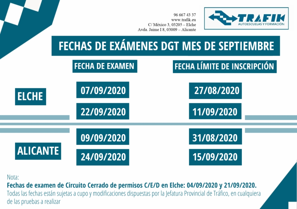 EXAMENES DGT SEPTIEMBRE 2020