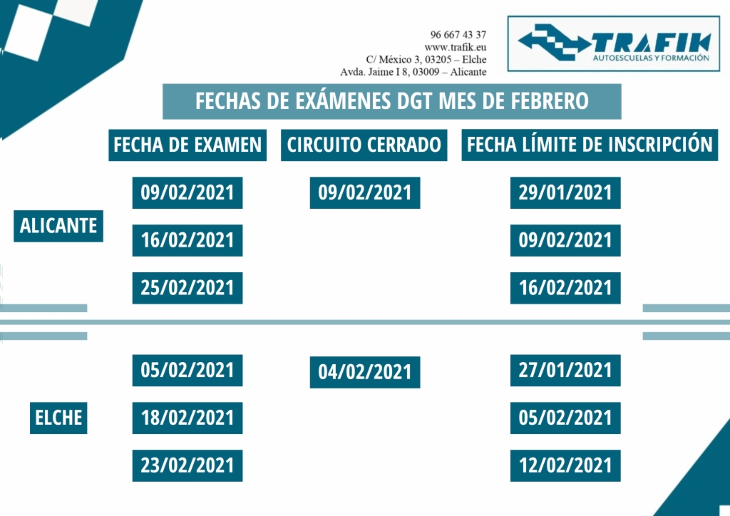 FECHAS DE EXÁMENES OFICIALES DE LA DGT PARA EL MES DE FEBRERO