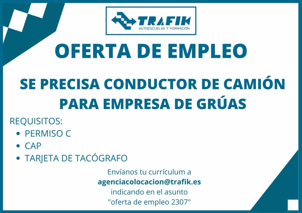 OFERTA DE EMPLEO Nº 2307 - PERMISO C, CAP Y TARJETA DE TACÓGRAFO