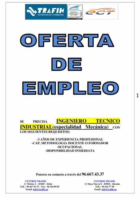 OFERTA DE EMPLEO: INGENIERO TECNICO INDUSTRIAL(especialidad Mecánica)