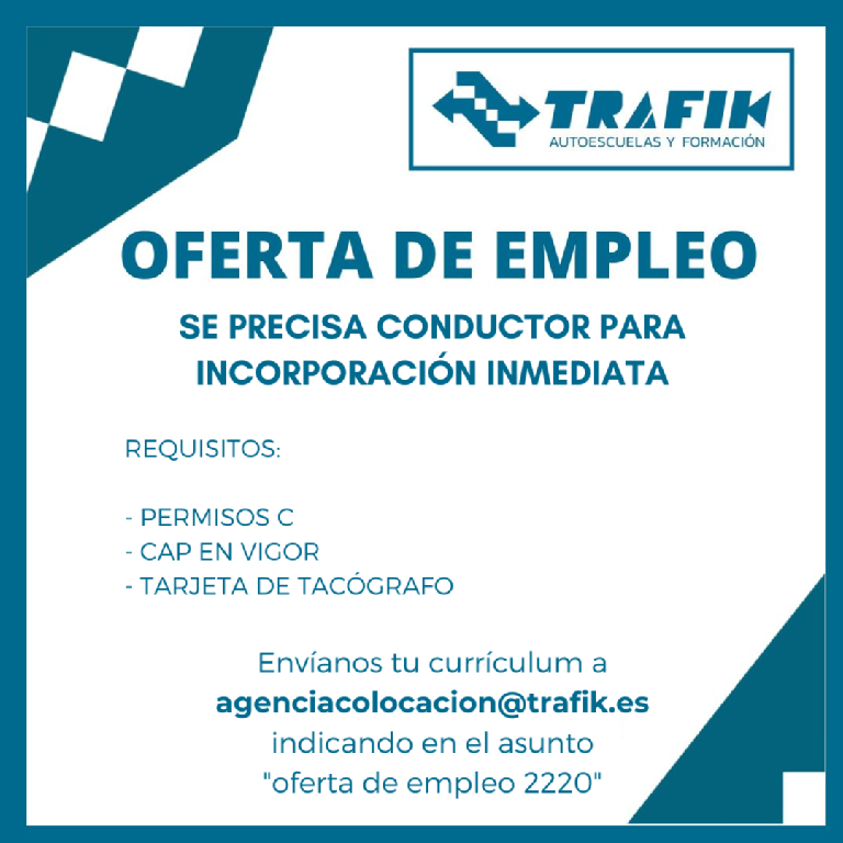 OFERTA DE EMPLEO Nº 2220 CARNET DE CAMIÓN, PARA LA PROVINCIA DE ALICANTE, CON CAP Y TACÓGRAFO